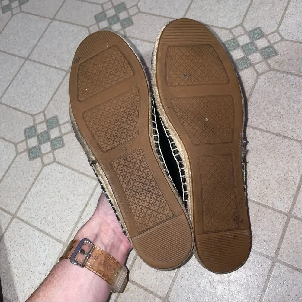 Tory Burch Black Leather Logo Cap Toe Espadrille Flats Women Size 6.5 ColorBlock